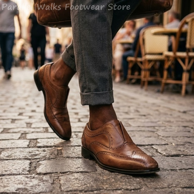 Men'S Shoes Brogues - Sapatos masculinos de couro marrom, estilo